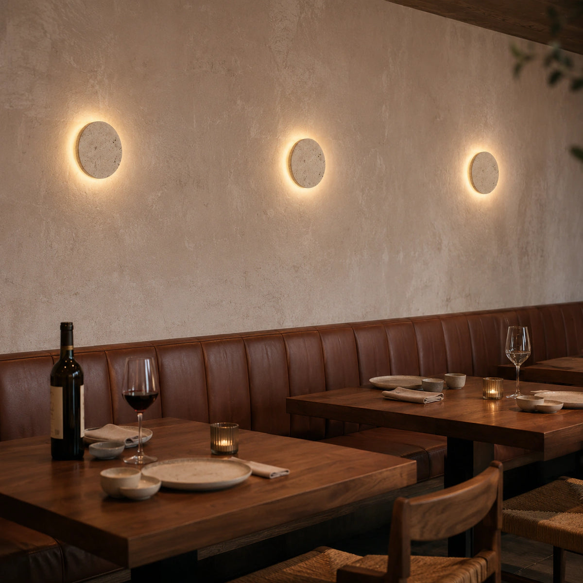 Windermere travertine halo wall light on a warm restaurant wall