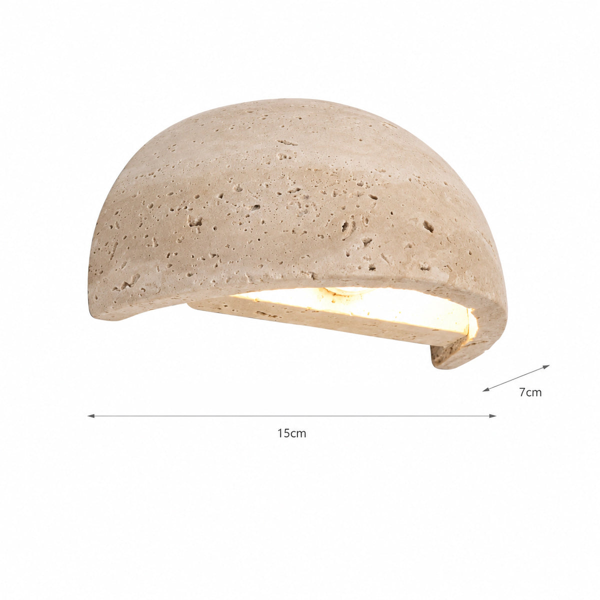 Dimensions of the Culver travertine half dome wall light: 15 cm wide, 7 cm deep