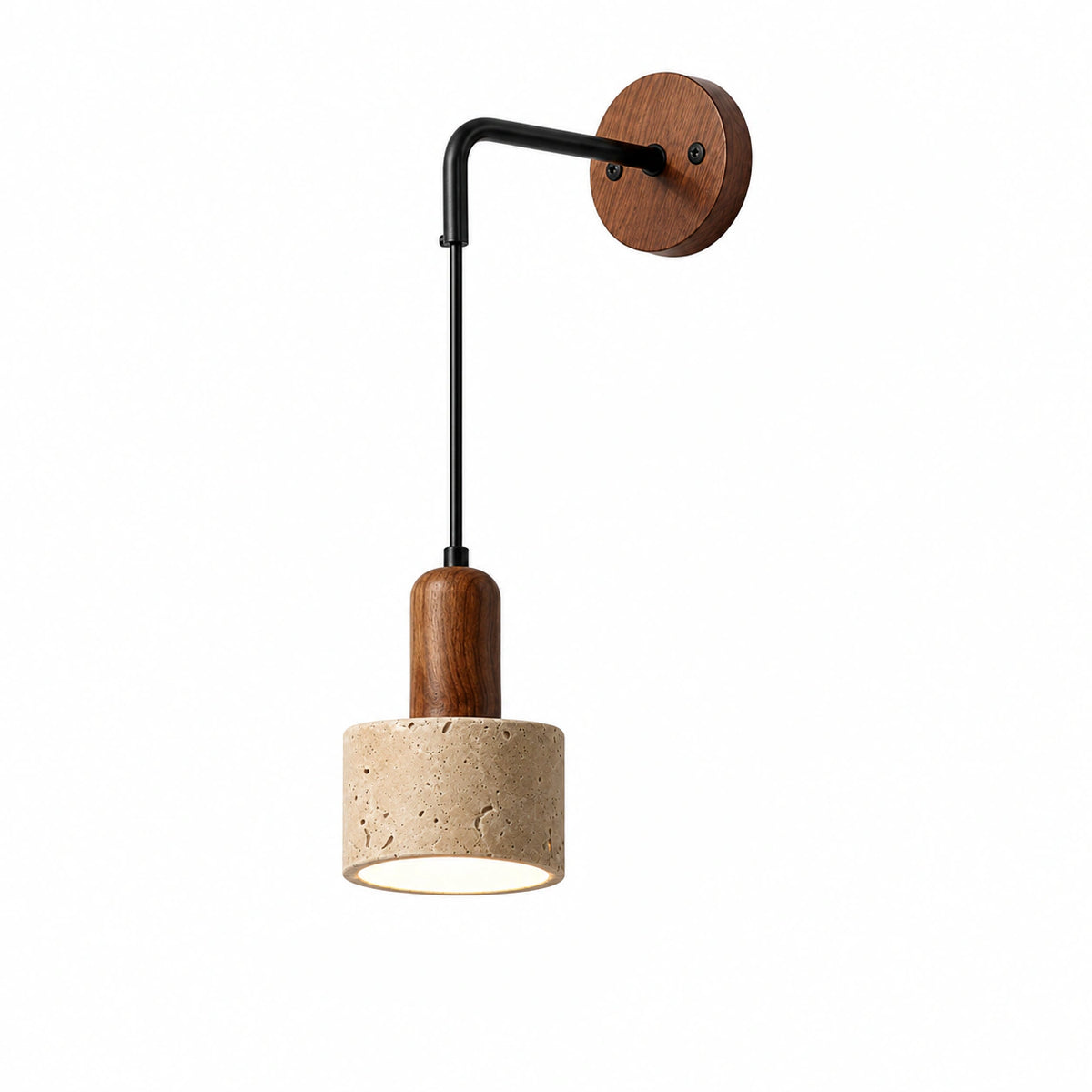 Beige travertine wall light with a black adjustable arm and walnut wall plate
