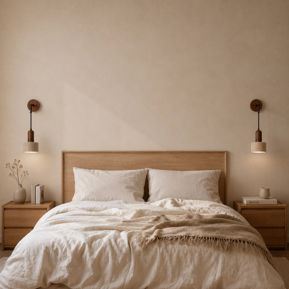 Harlyn travertine wall light beside a bed in a warm, neutral bedroom