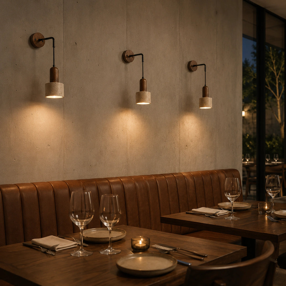 Harlyn travertine wall light above a restaurant banquette