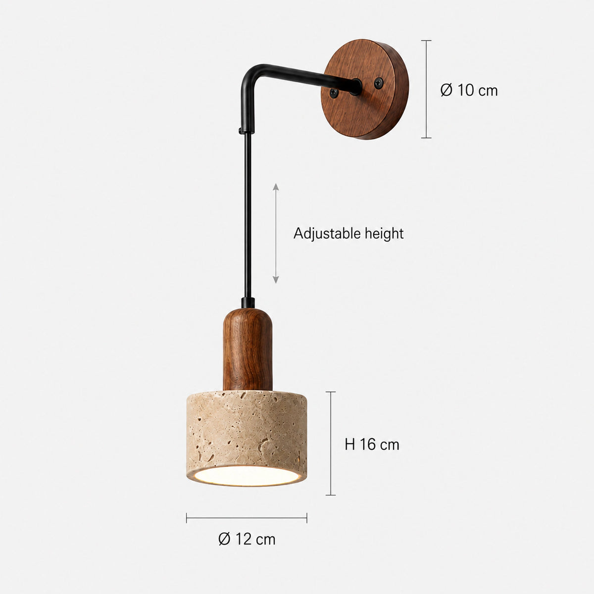 Dimensions of the Harlyn travertine wall light: 12 cm shade, 16 cm high, 10 cm wall plate