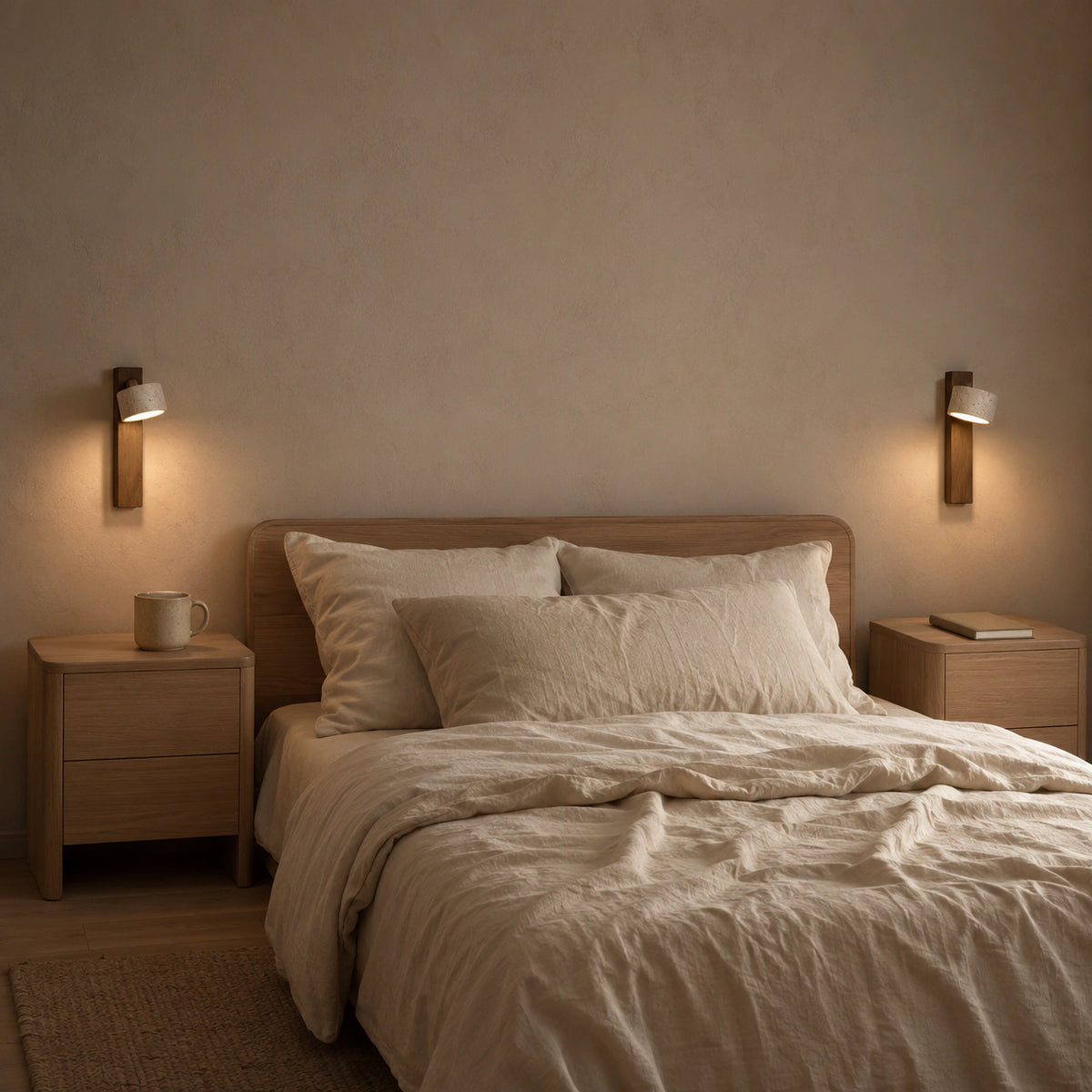 Alnwick travertine drum wall light beside a bed in a warm, neutral bedroom