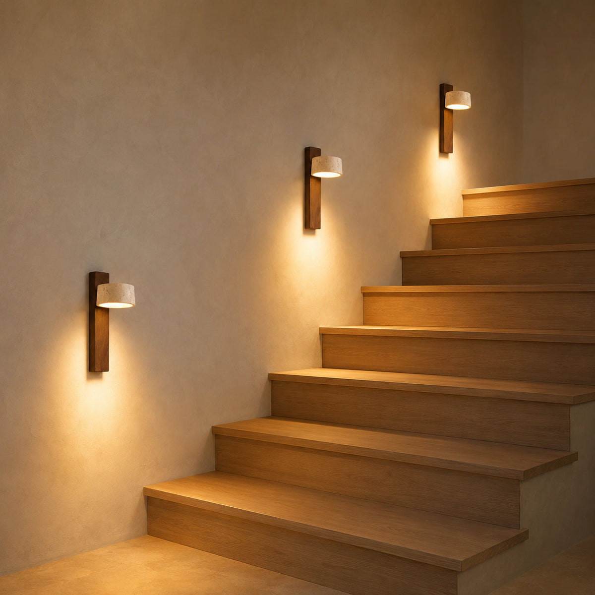 Alnwick travertine drum wall light on a staircase wall