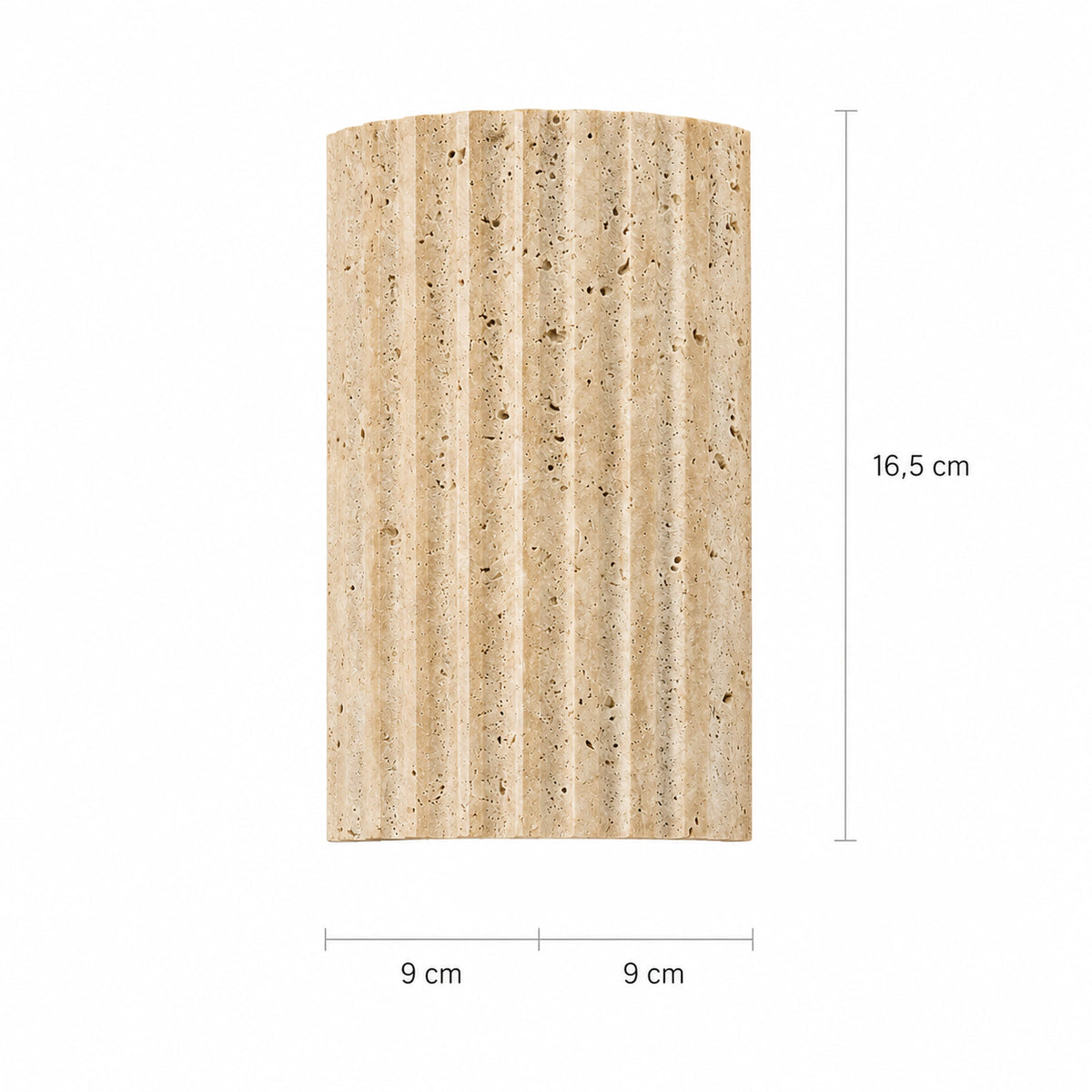 Dimensions of the Ancaster fluted travertine wall light: 9 cm wide, 16.5 cm tall