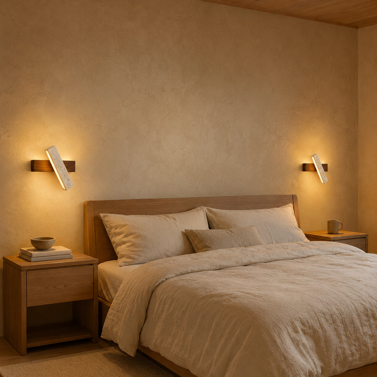 Linton linear travertine wall light above a headboard in a warm bedroom