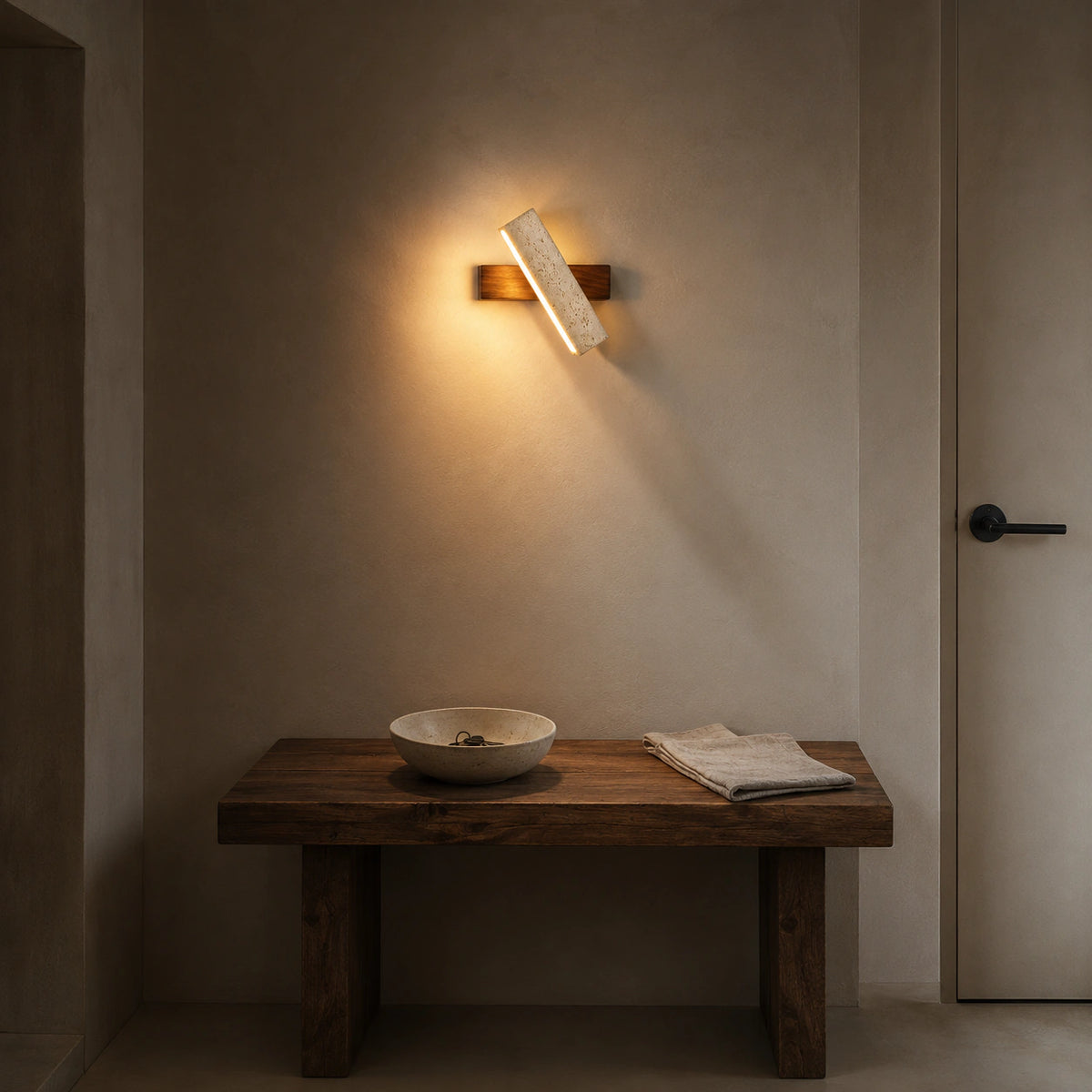 Linton linear travertine wall light in a hallway of a period property