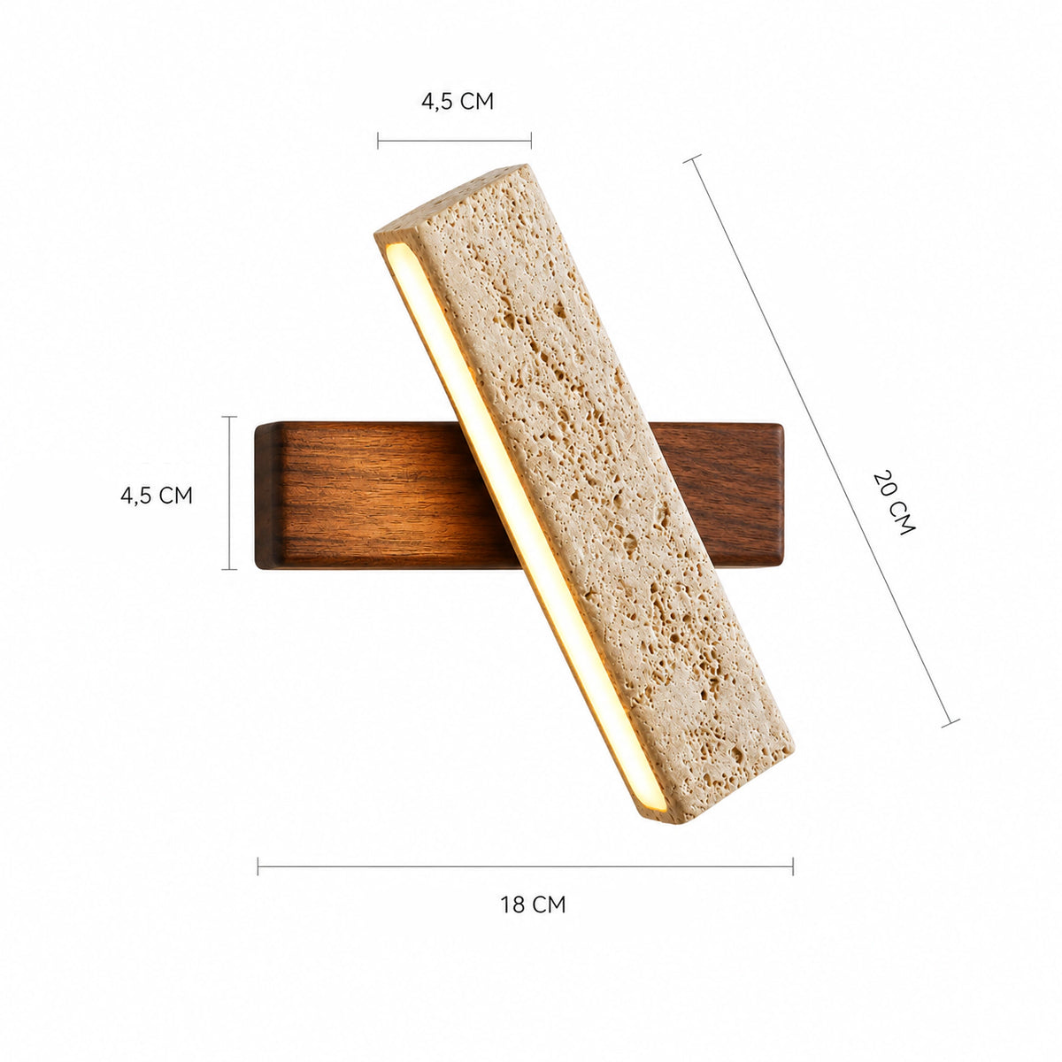 Dimensions of the Linton linear travertine wall light: 20 cm bar, 18 cm backplate