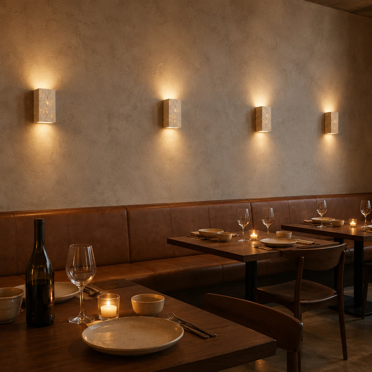 Newlyn slim travertine wall lights along a warm restaurant wall