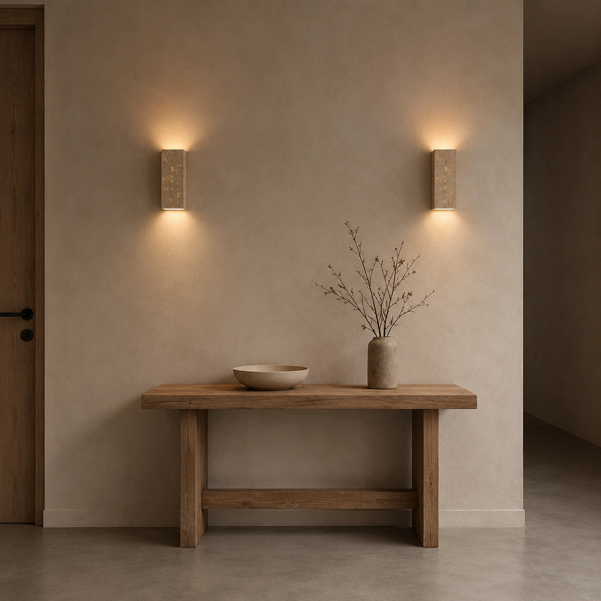 Newlyn slim travertine wall light glowing in a hallway of a period property