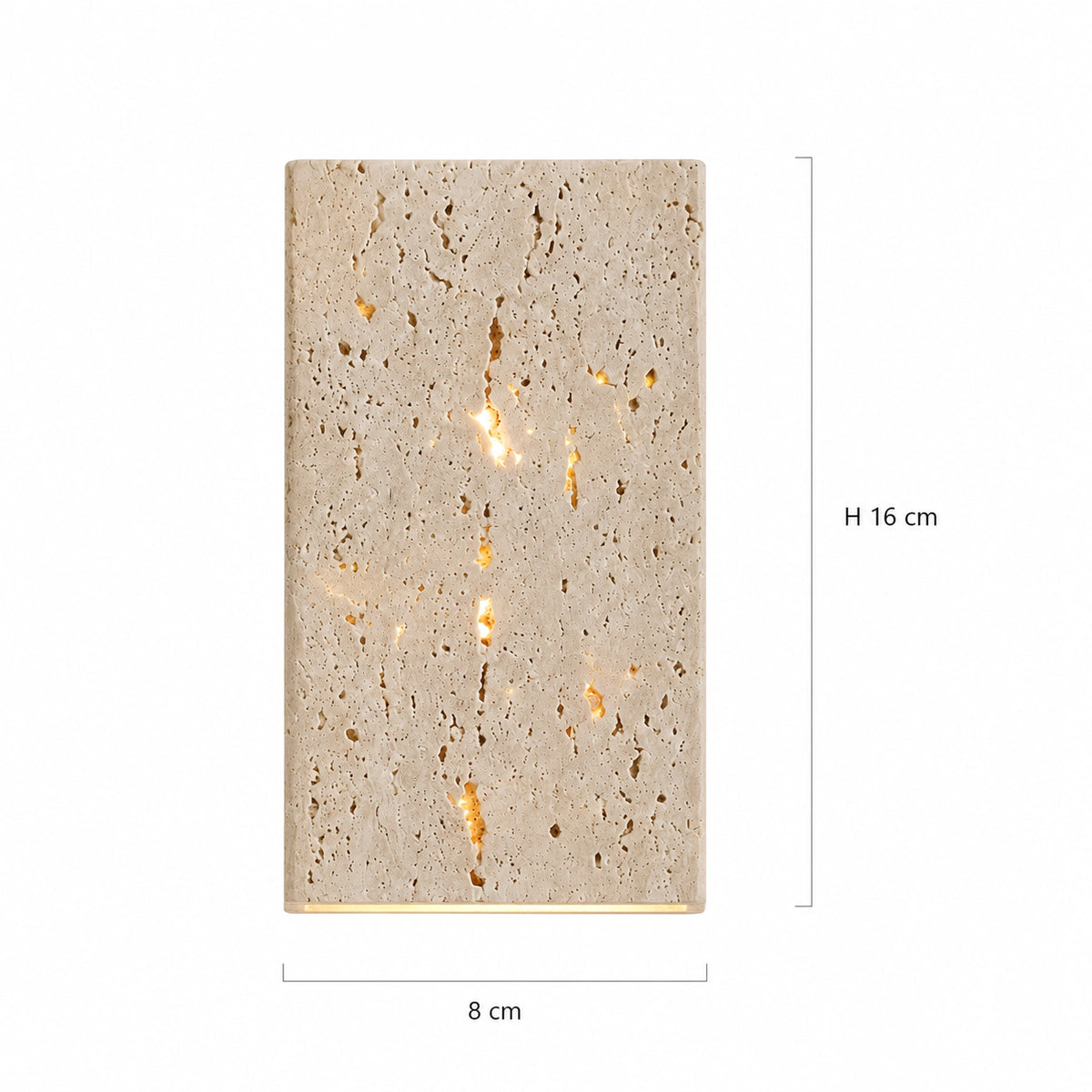 Dimensions of the Newlyn slim travertine wall light: 8 cm wide, 16 cm high