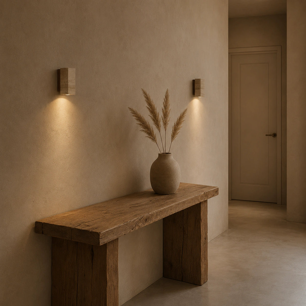 Ledbury travertine block wall light in a hallway of a period property