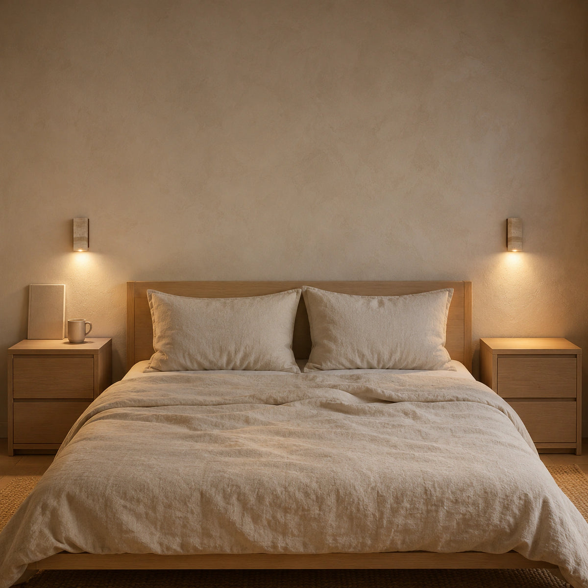 Ledbury travertine block wall light above a bedhead in a warm bedroom