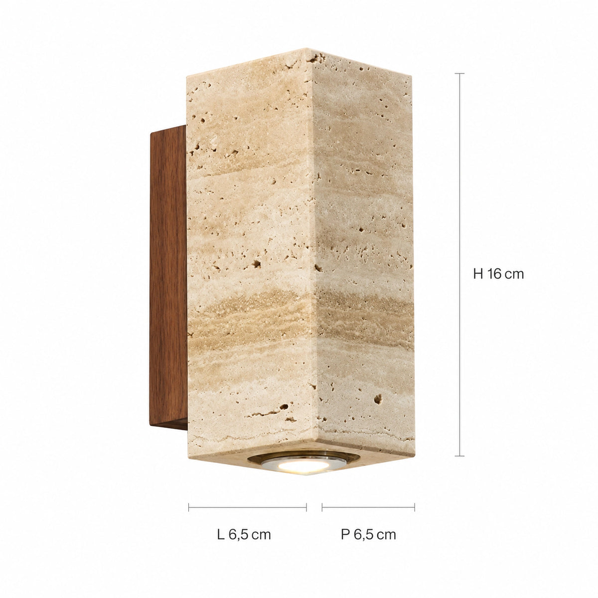 Dimensions of the Ledbury travertine block wall light: 6.5 cm square, 16 cm tall