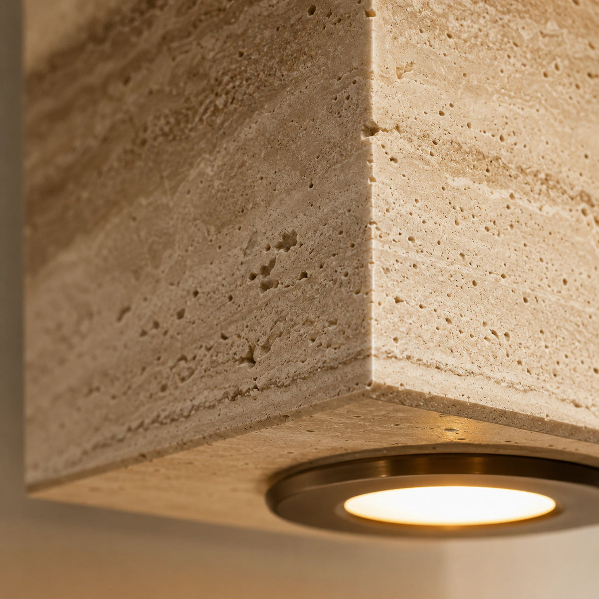 Close-up of the travertine banding on the Ledbury block with a white backplate