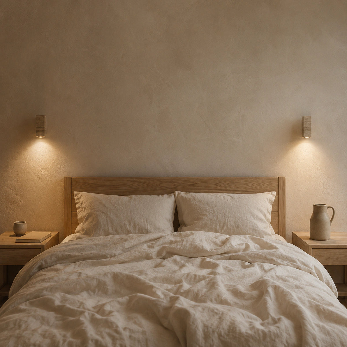 Ledbury travertine block wall light with a white backplate beside a bed