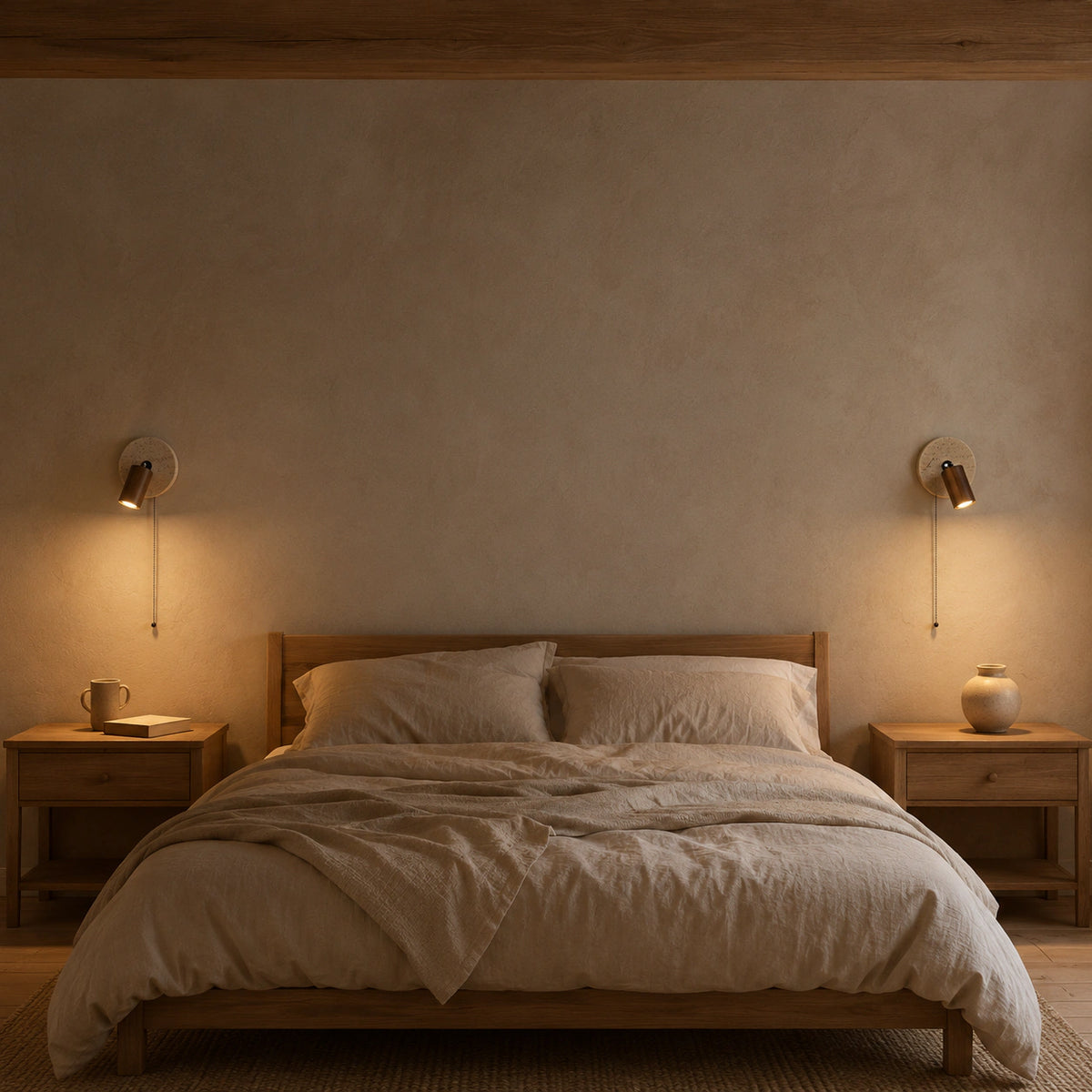 Bramfield wall light in walnut beside a bed in a warm, neutral bedroom