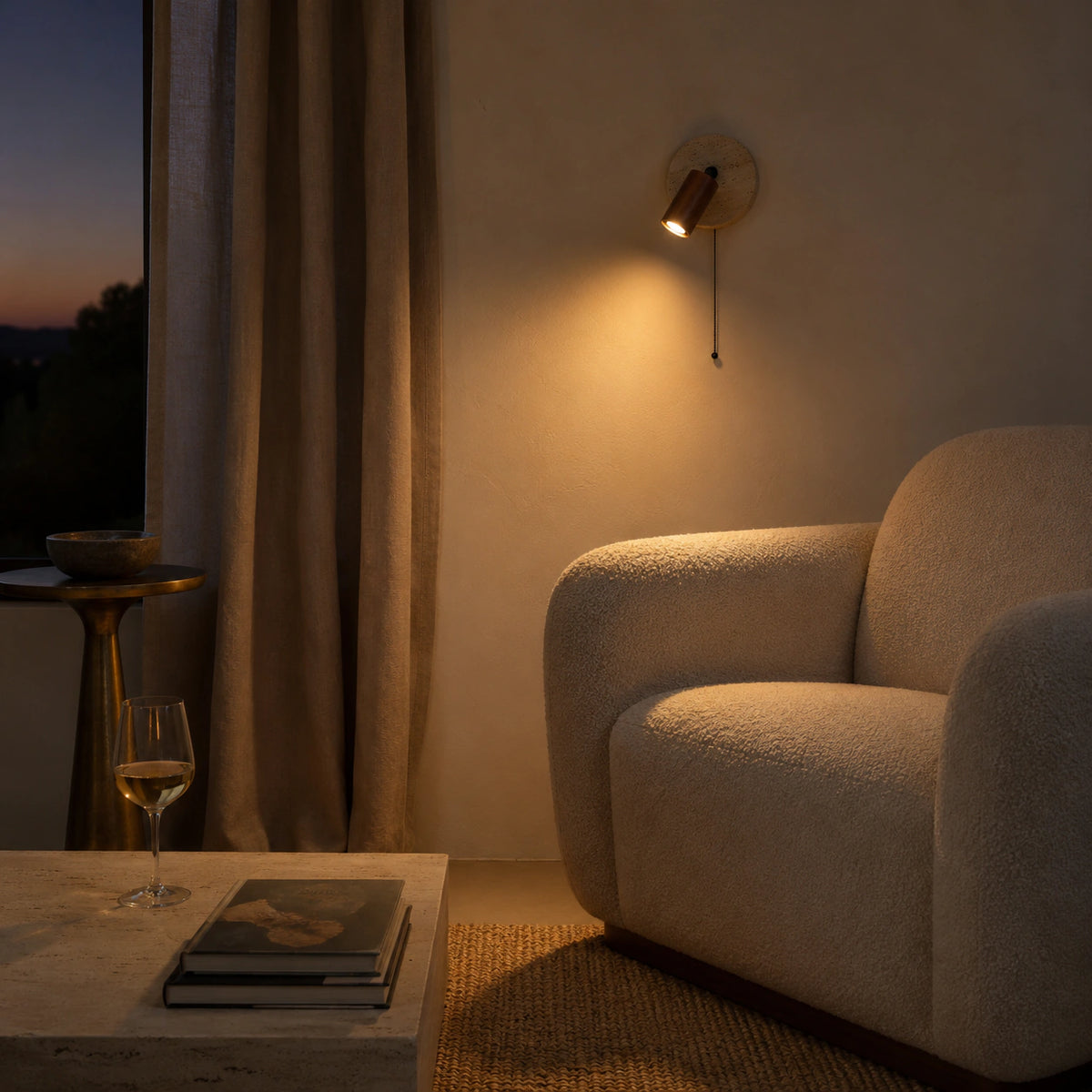 Bramfield wall light in walnut in a calm living room with neutral furnishings