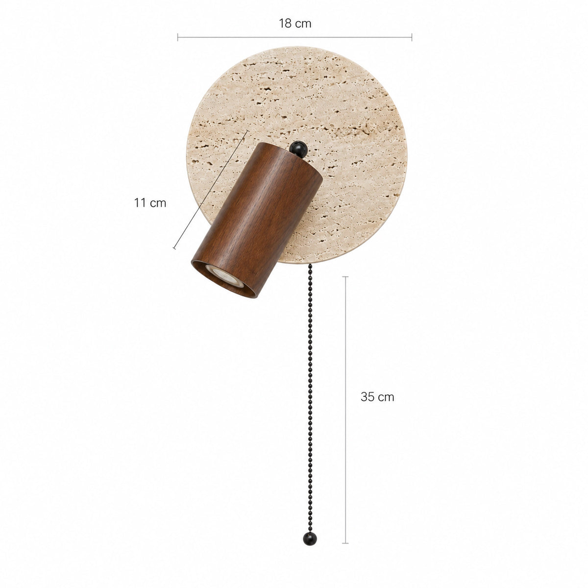 Dimensions of the Bramfield wall light in walnut: 18 cm plate, 11 cm spot, 35 cm cord