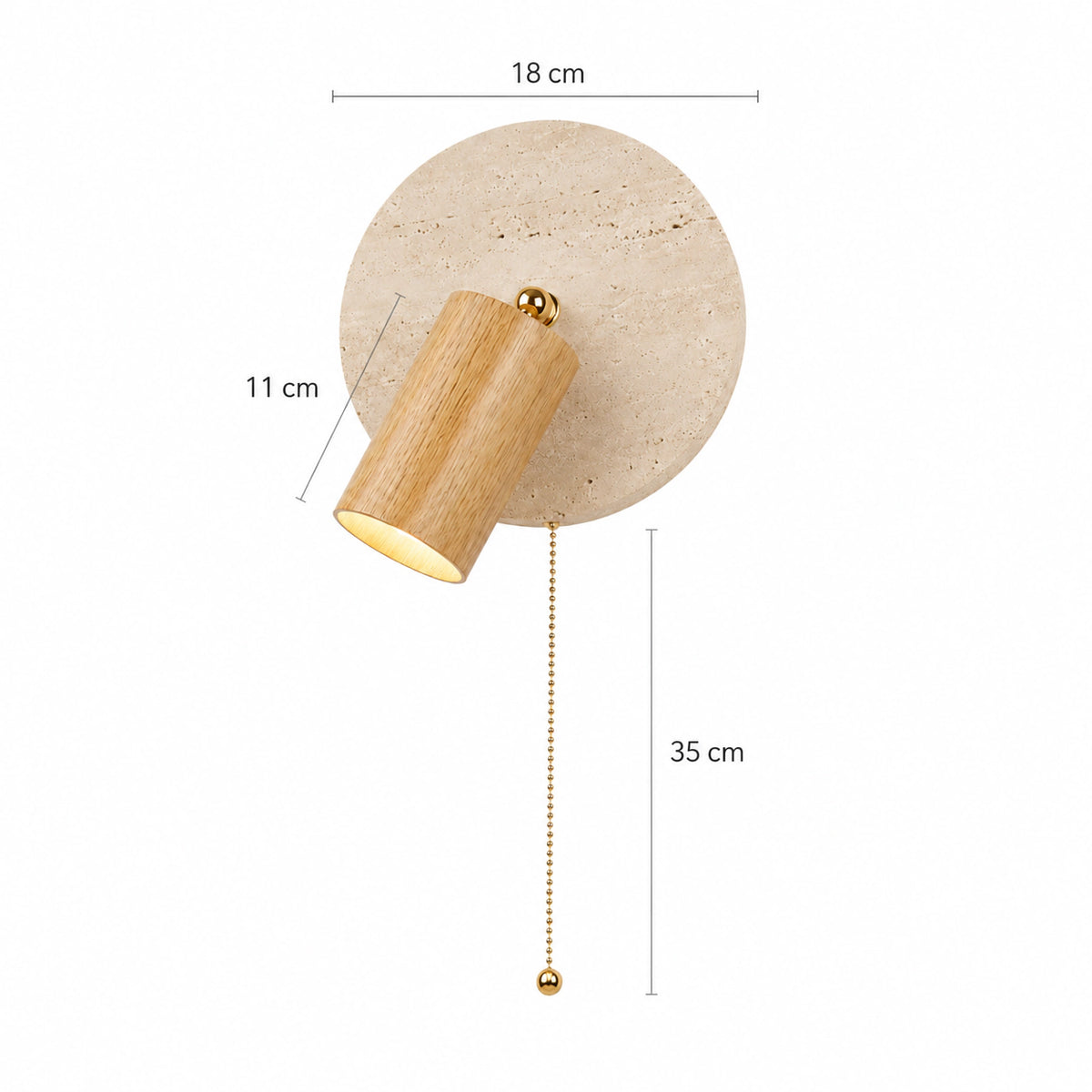 Dimensions of the Bramfield wall light in oak: 18 cm plate, 11 cm spot, 35 cm cord