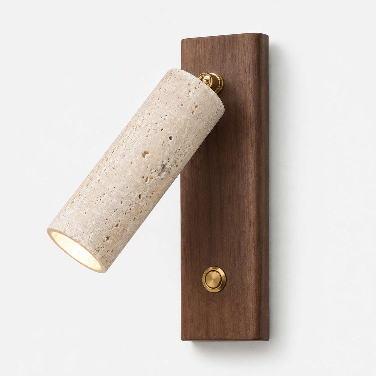 Travertine reading light with an adjustable spot on a slim walnut backplate