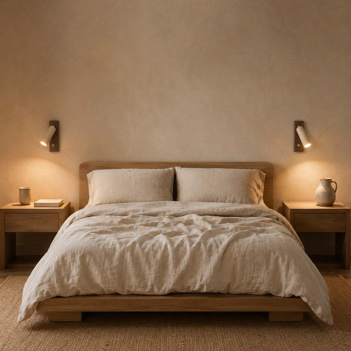 Thurlow travertine reading light beside a bed in a warm, neutral bedroom