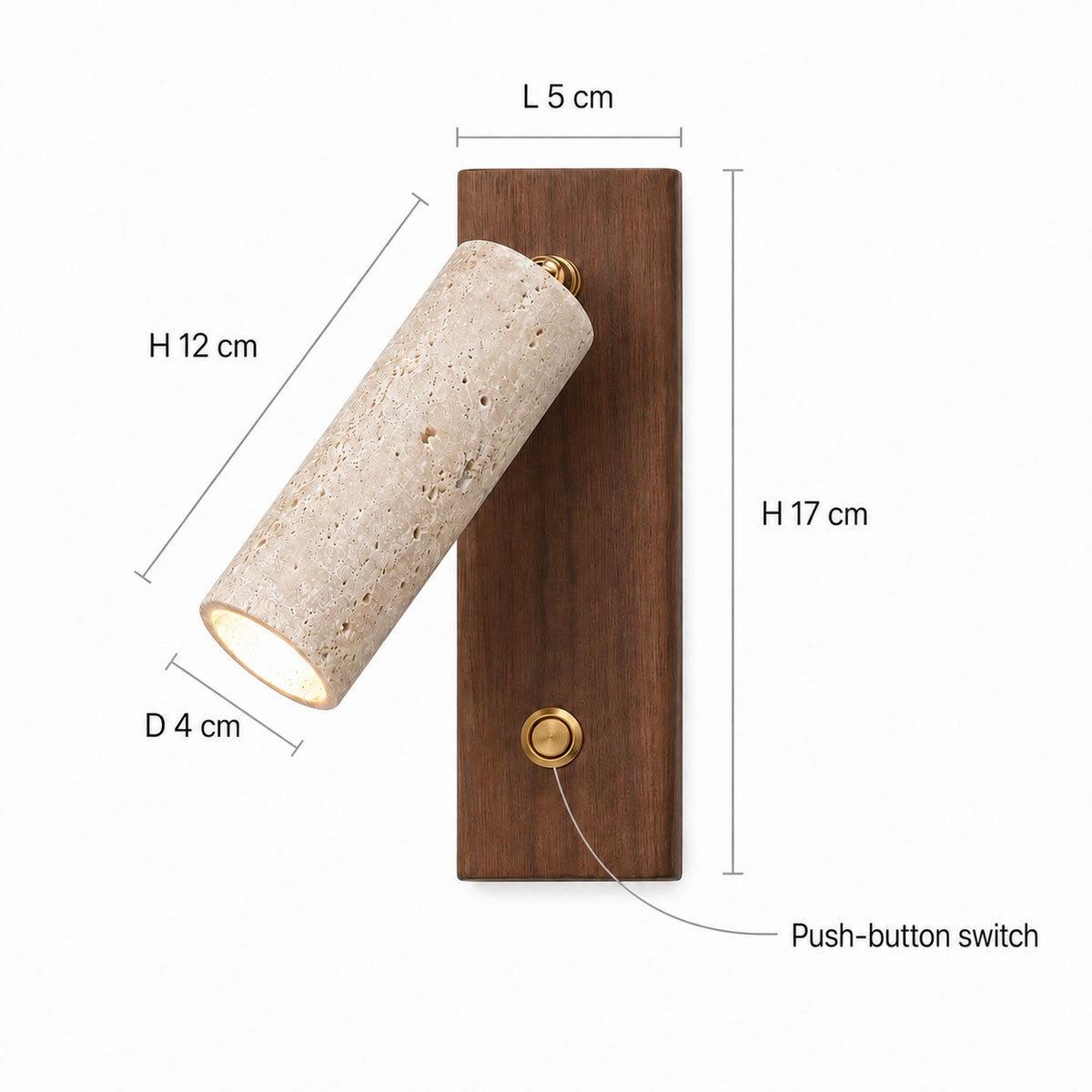 Dimensions of the Thurlow travertine reading light: 5 cm plate, 17 cm tall, 12 cm spot