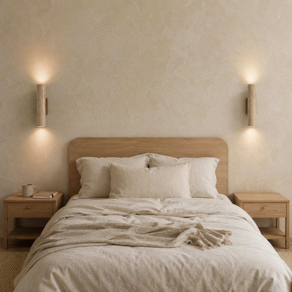 Farndon travertine wall light beside a bed in a warm, neutral bedroom