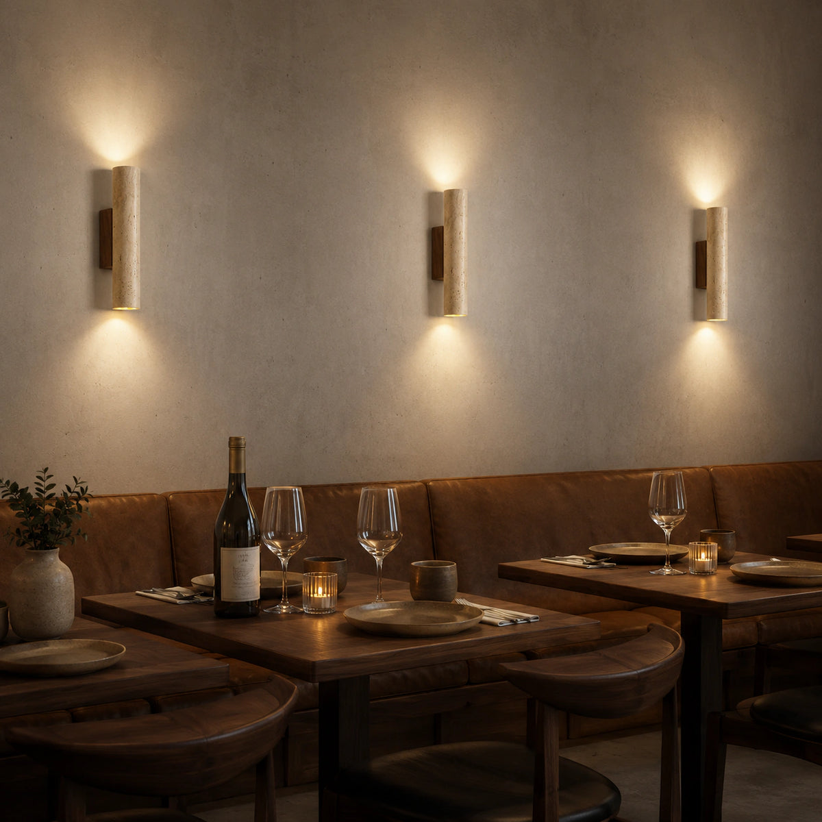 Farndon travertine wall lights along a restaurant wall