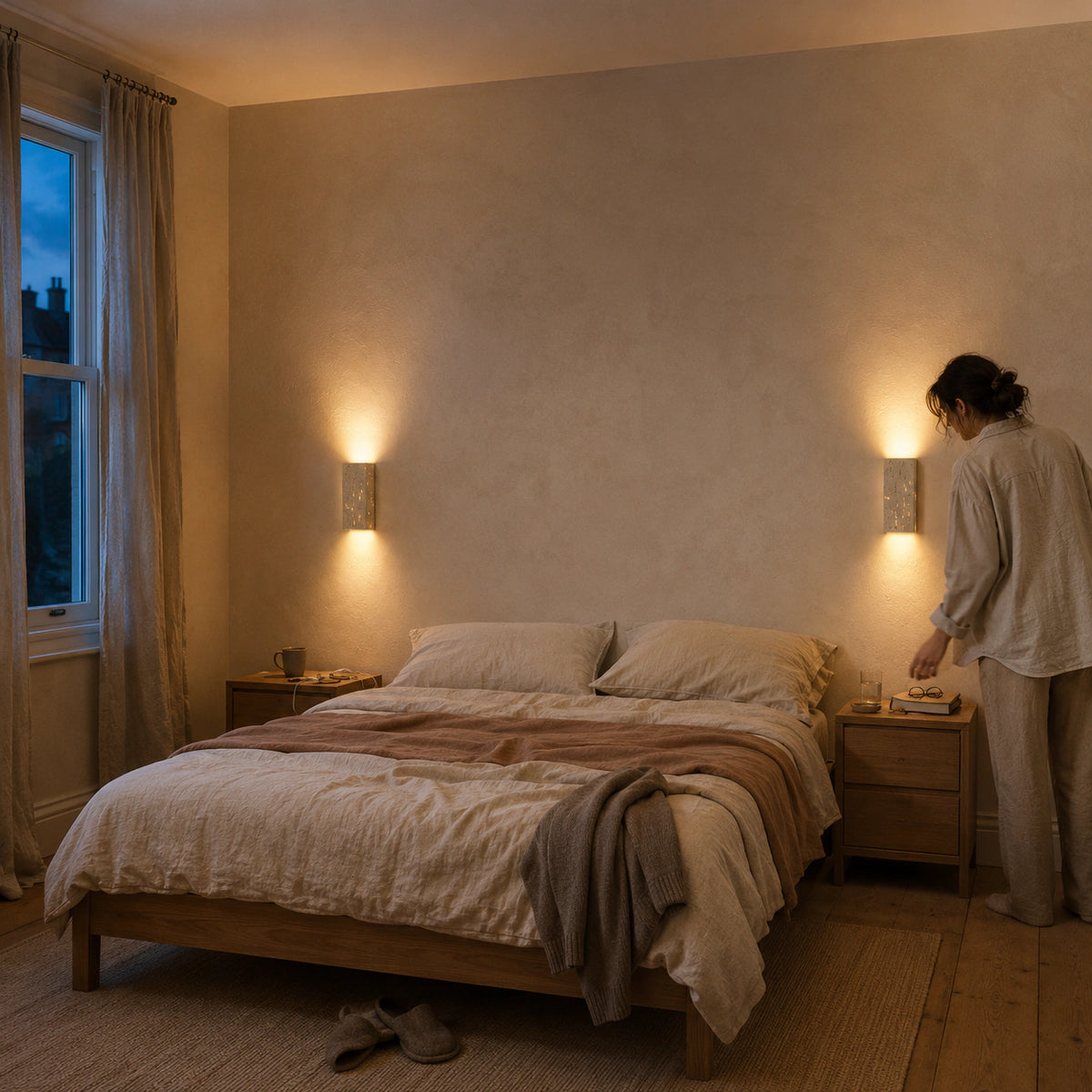 Two travertine wall lights either side of a bed in a neutral bedroom